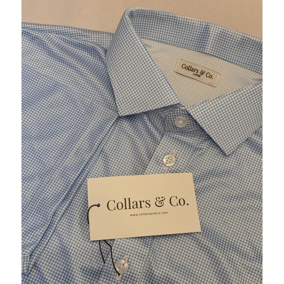 NWT Collars & Co Mens L Dress Collar Polo Shirt Blue Houndstooth Microcheck Golf - Picture 1 of 7